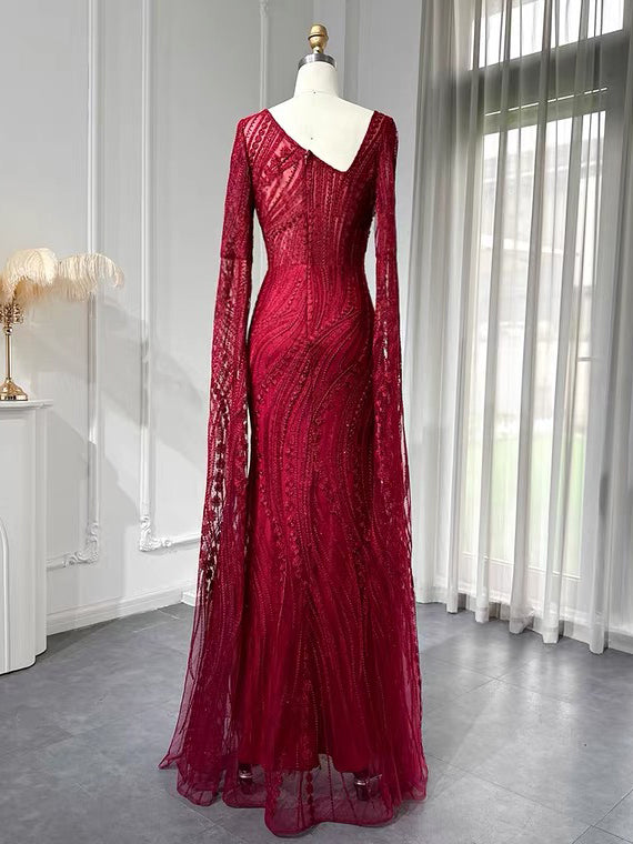 Chic Mermaid Long Sleeve Beaded Prom Dress Red Evening Gowns #OPS004|Selinadress