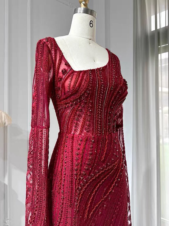 Chic Mermaid Long Sleeve Beaded Prom Dress Red Evening Gowns #OPS004|Selinadress