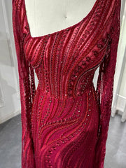 Chic Mermaid Long Sleeve Beaded Prom Dress Red Evening Gowns #OPS004|Selinadress