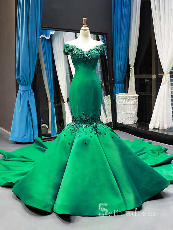 Chic Mermaid Off-the-shoulder luxury Prom Dress Applique Green Prom Dresses Evening Gowns MLH0453|Selinadress