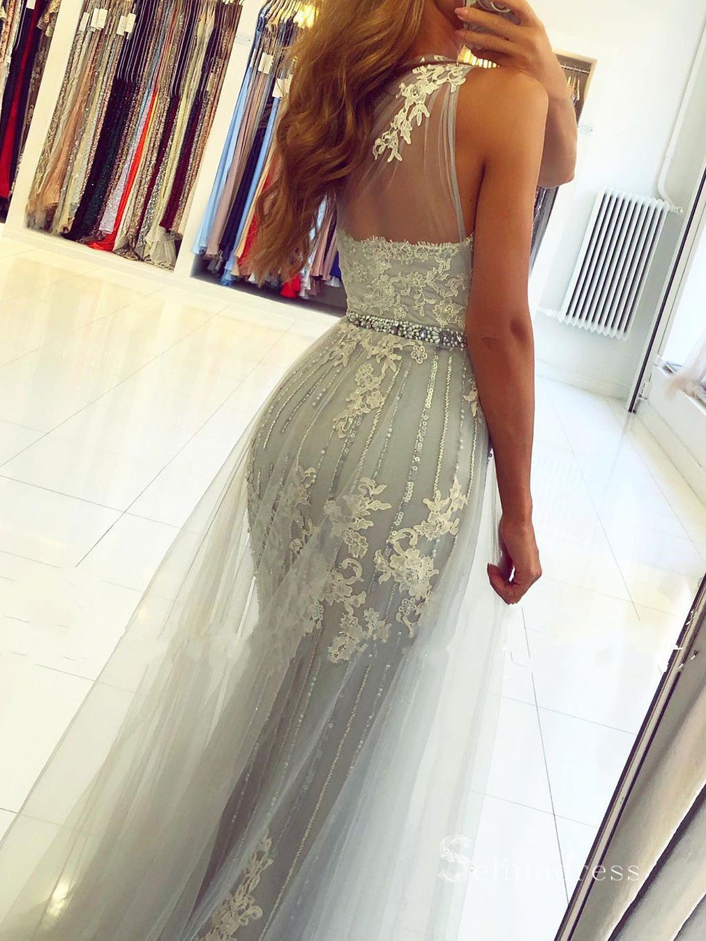 Chic Mermaid One Shoulder Gray Applique Long Prom Dresses Cheap Evening Dresses MLH1222|Selinadress