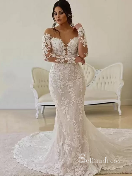 Ivory Satin Mermaid Long Sleeves Scoop Wedding Dresses, Bridal Gowns, MW617