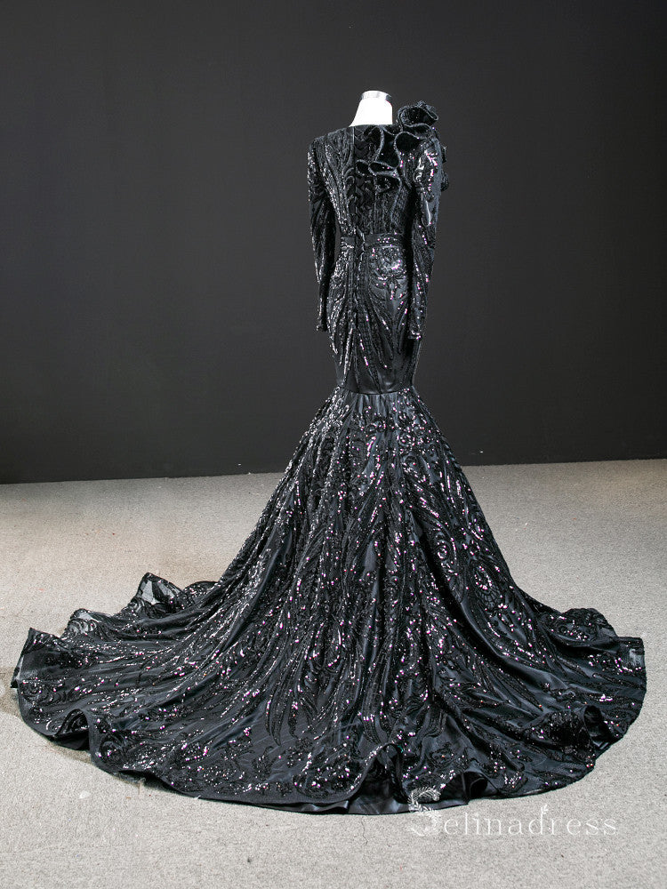 Chic Mermaid Scoop luxury Long Prom Dress Black Sparkly Evening Gowns MLH0456|Selinadress