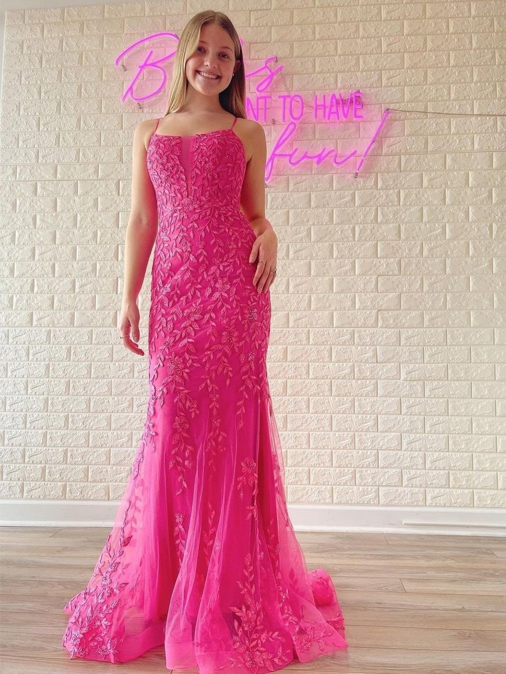 Chic Mermaid Spaghetti Straps Applique Lace Long Prom Dress Hot Pink E –  SELINADRESS