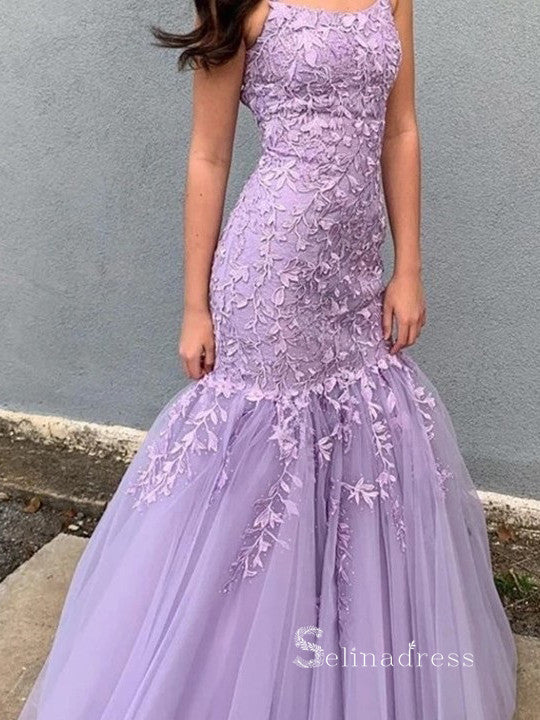 Chic Mermaid Spaghetti Straps Applique Prom Dresses Lilac Long Evening Dress CBD043