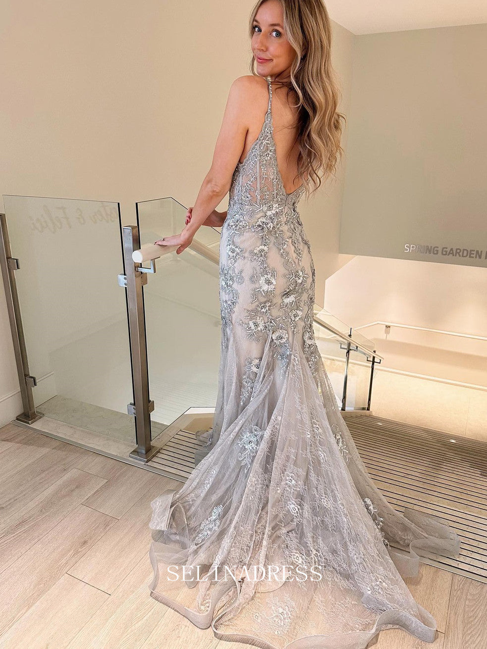 Chic Mermaid Spaghetti Straps Elegant Gray Prom Dress Lace Beaded Formal Gown Evening Dress #LOP209|Selinadress