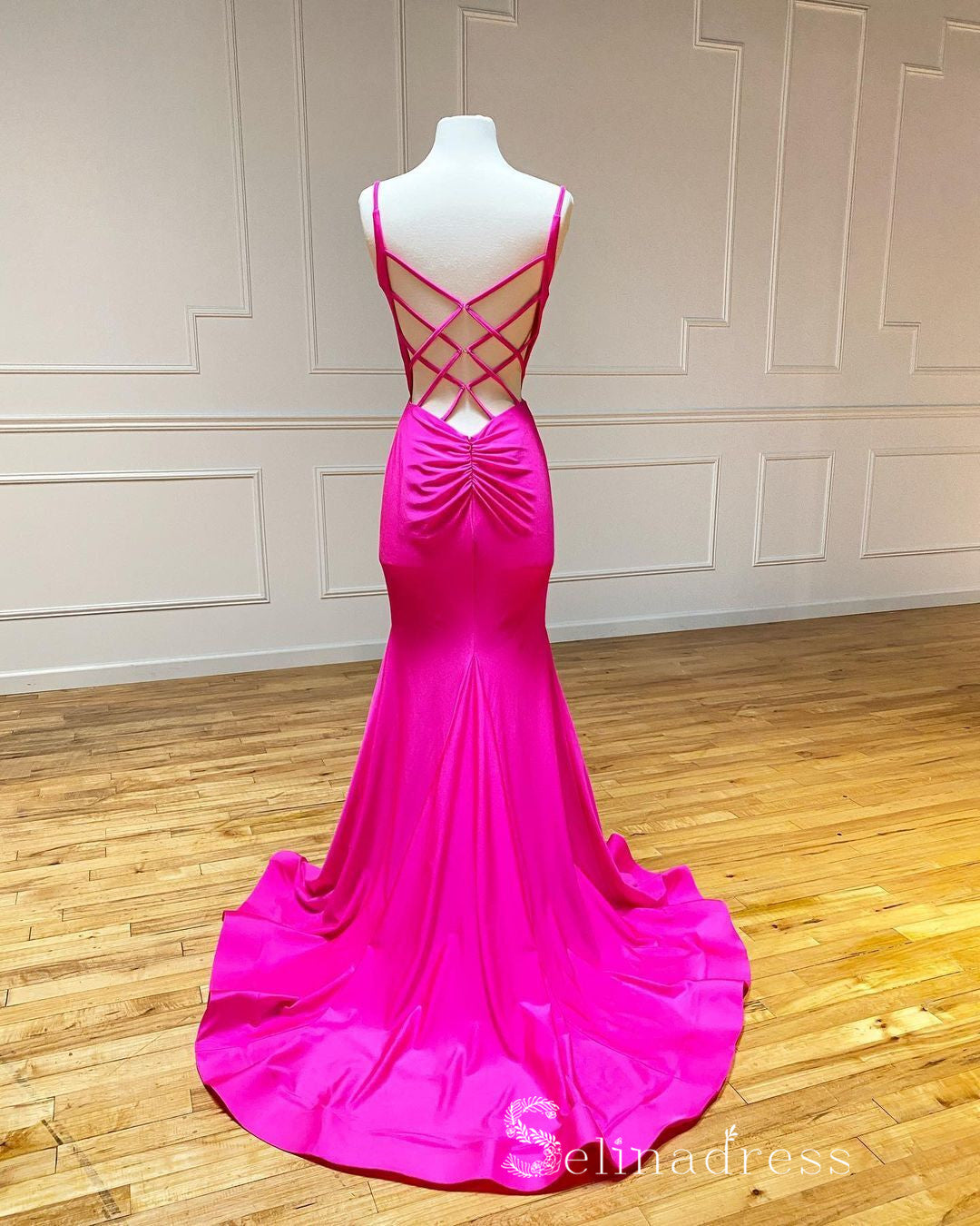 Chic A-line Spaghetti Straps Unique Long Prom Dresses Pink Evening Dre –  SELINADRESS