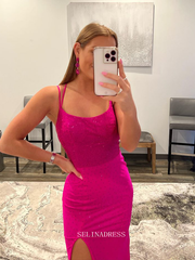 Chic Mermaid Spaghetti Straps Fuchsia Long Prom Dresses Simple Evening Dresses Pageant Dress TKL066|Selinadress