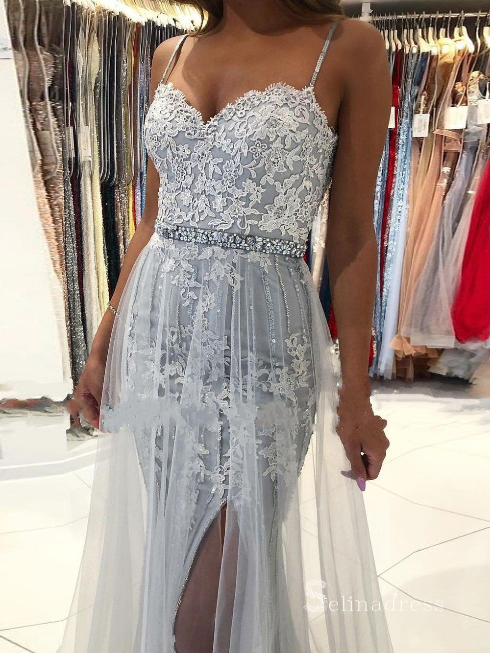 Chic Mermaid Spaghetti Straps Gray Long Prom Dresses Applique Evening Dresses MLH1224|Selinadress