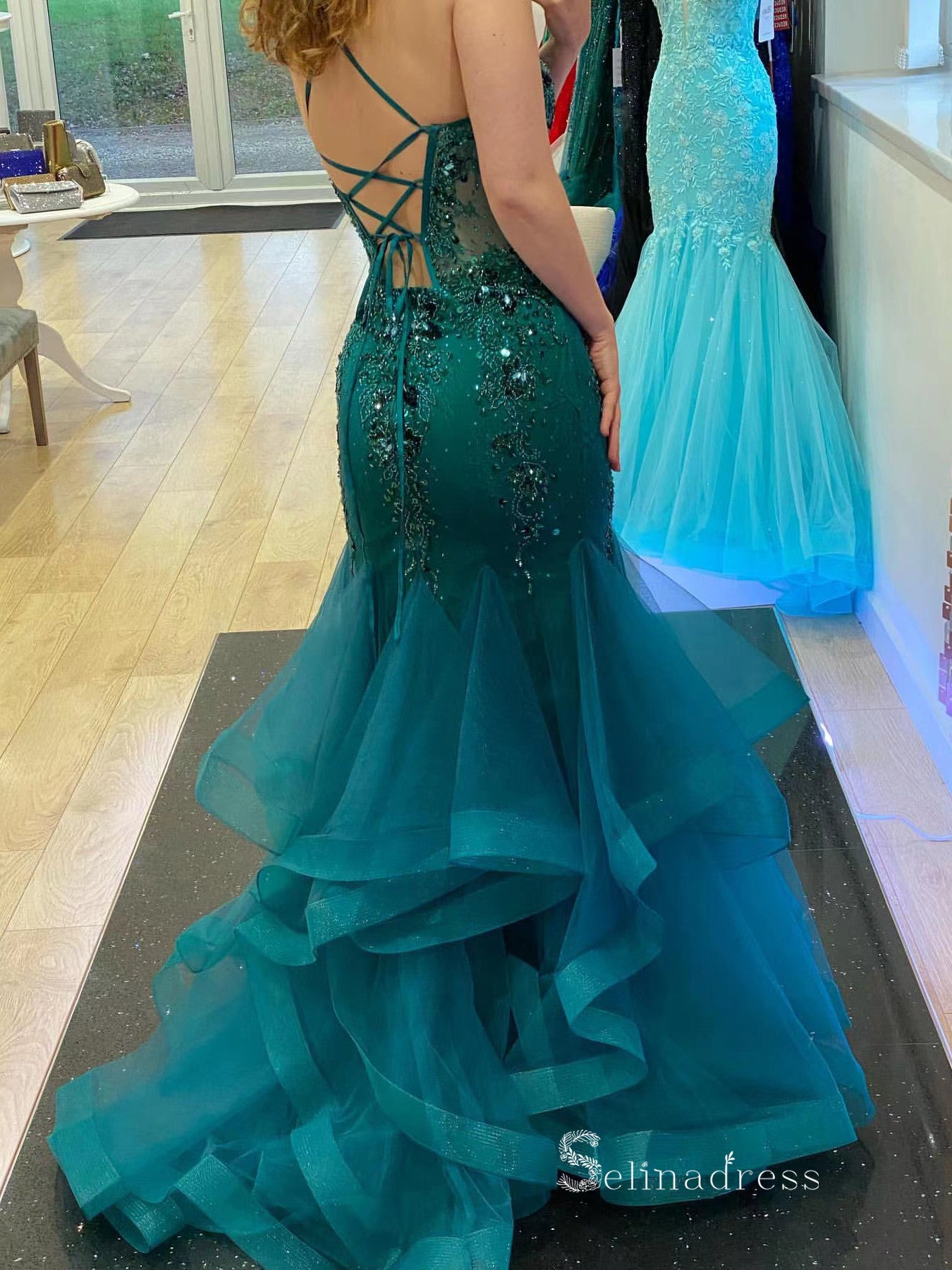 Chic Mermaid Spaghetti Straps Green Long Prom Dresses Beaded Evening Dress MLK029|Selinadress