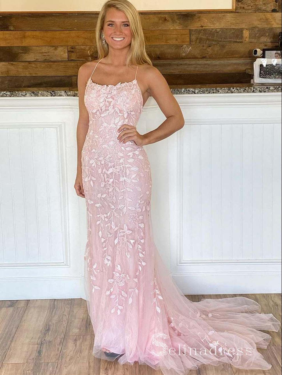 Chic Mermaid Spaghetti Straps Lace Prom Dresses Pink Applique Evening Gowns MHL2879|Selinadress