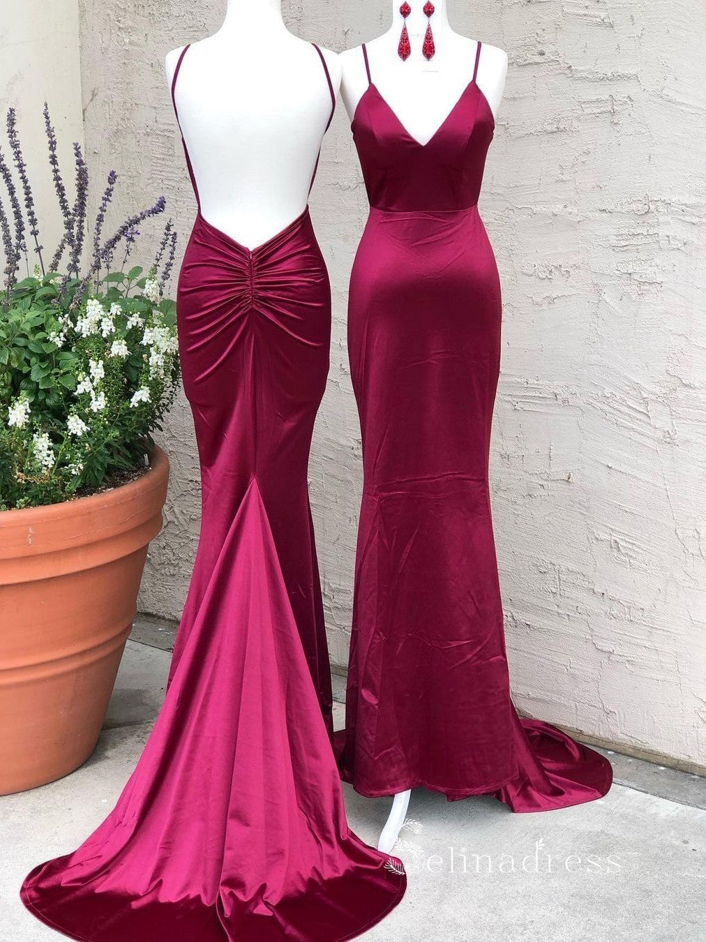 Chic Mermaid Spaghetti Straps Long Prom Dresses Open Back Sexy Evening Dress CBD034