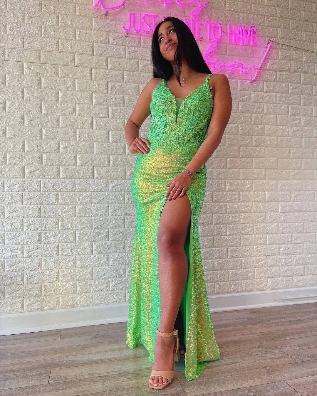 Chic Mermaid Spaghetti Straps Sequins Lace Long Prom Dress Green Elegant Evening Dress #JKSS56|Selinadress