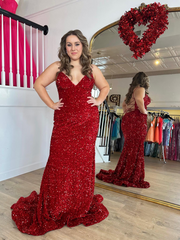 Chic Mermaid Spaghetti Straps Sequins Long Prom Dress Red Elegant Evening Dress #JKSS619|Selinadress