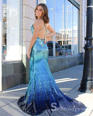 Chic Mermaid Spaghetti Straps Sequins Long Prom Dresses Sexy Evening Gowns CBD292|Selinadress