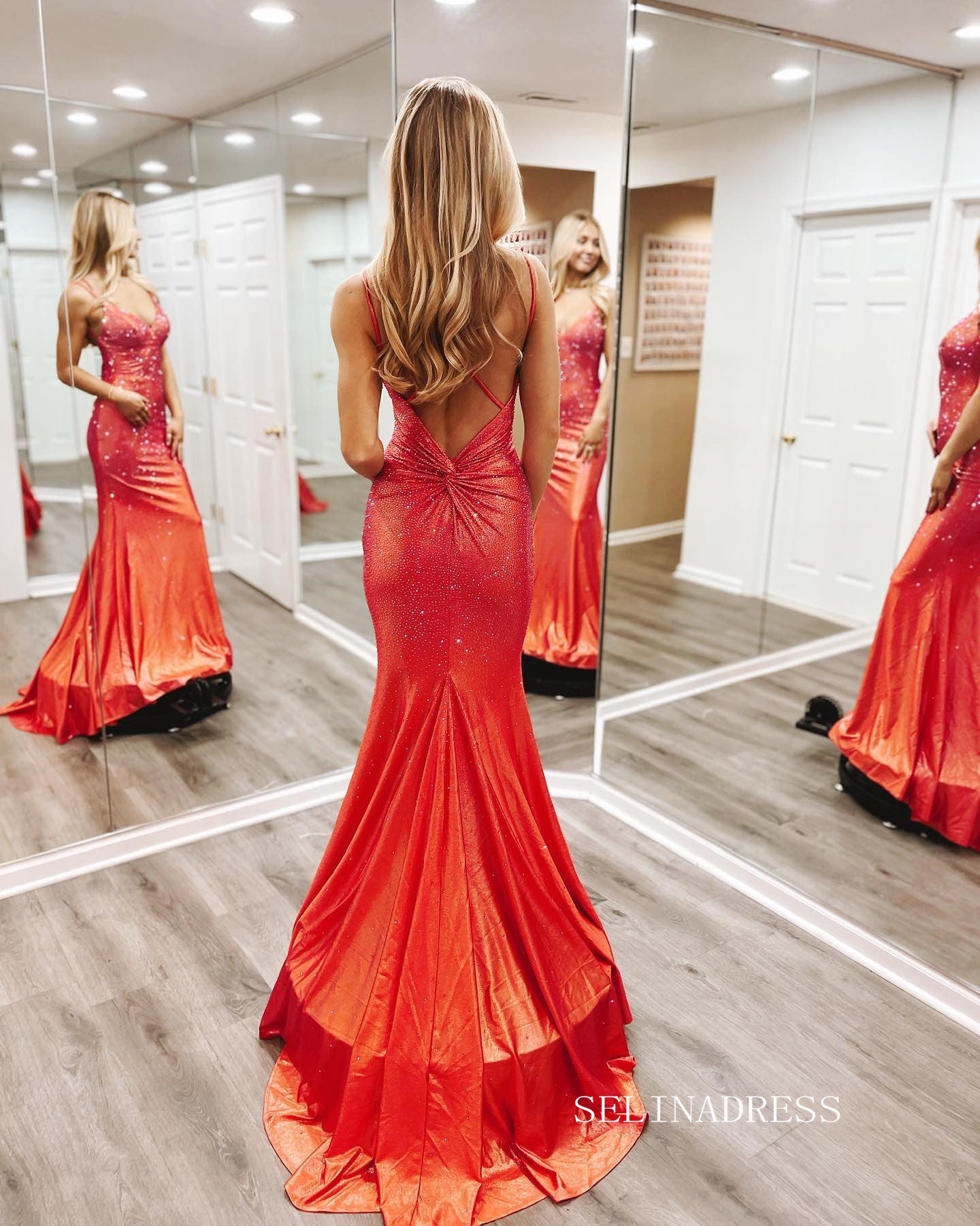 Chic Mermaid Spaghetti Straps Sparkly Long Prom Dress Elegant Formal Dress #LOP800|Selinadress