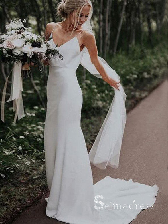 Chic Mermaid Spaghetti Straps White Wedding Dresses Satin Bridal Gowns CBD417|Selinadreess