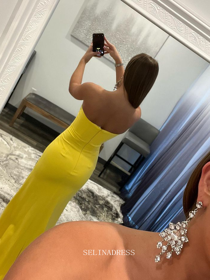 Chic Mermaid Strapless Yellow Long Prom Dresses Thigh Split Evening Dresses Pageant Dress TKL067|Selinadress