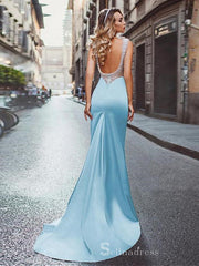 Chic Mermaid Square Light Sky Blue Long Prom Dresses Satin Evening Dress CBD401|Selinadress