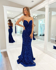 Chic Mermaid Strapless Royal Blue Sequins Long Prom Dress Elegant Evening Dress #LOP806|Selinadress