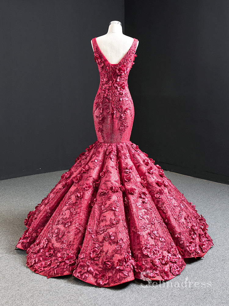 Chic Mermaid Straps luxury Long Prom Dress Burgundy 3D Floral Evening Gowns MLH0455|Selinadress