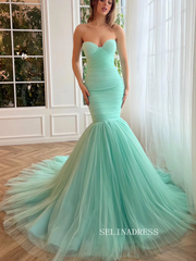 Chic Mermaid Sweetheart Long Prom Dresses Tulle Mint Green Evening Dresses jkw230|Selinadress