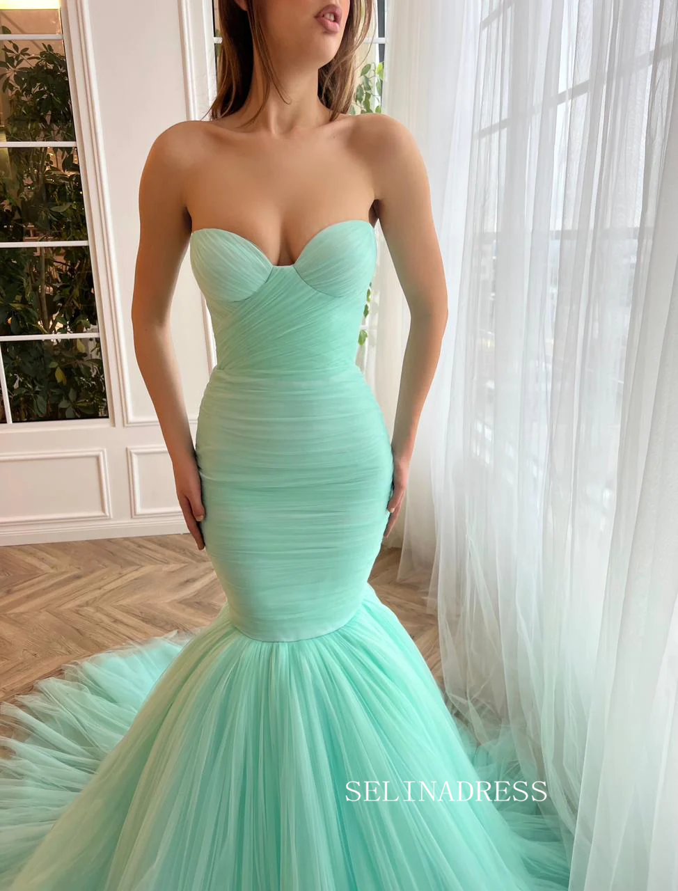 Chic Mermaid Sweetheart Long Prom Dresses Tulle Mint Green Evening Dresses jkw230|Selinadress