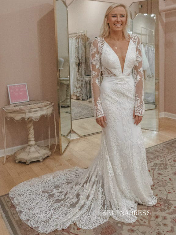 Chic Mermaid V neck Boho Wedding Dress Rustic Long Sleeve Lace Wedding Gowns MLS044|Selinadress