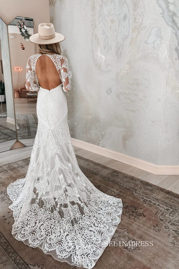 Chic Mermaid V neck Boho Wedding Dress Rustic Long Sleeve Lace Wedding Gowns MLS044|Selinadress