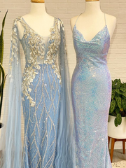 Chic Mermaid V neck Light Sky Blue Prom Dresses Long Evening Gowns MSK014|Selinadress