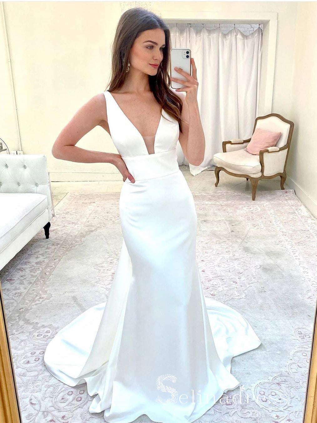 Chic Mermaid V neck Satin Wedding Dresses White Bridal Gowns CBD257|Selinadress