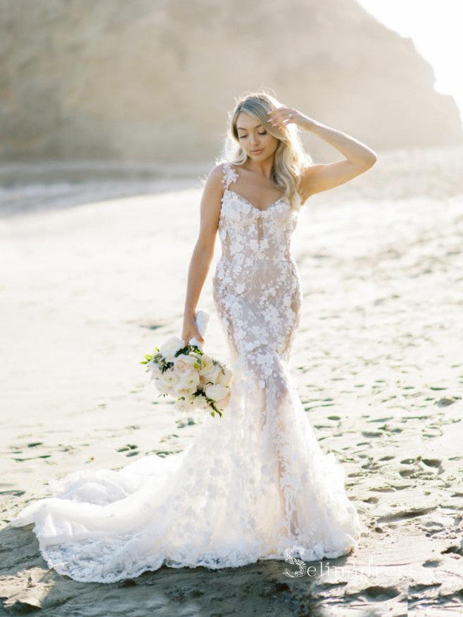 Chic Mermaid_Spaghetti Straps 3D Floral Lace Rustic Beach Wedding Dresses MLK04879|Selinadress