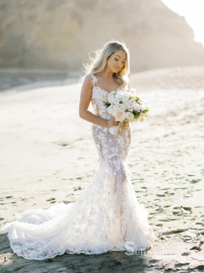 Chic Mermaid_Spaghetti Straps 3D Floral Lace Rustic Beach Wedding Dresses MLK04879|Selinadress