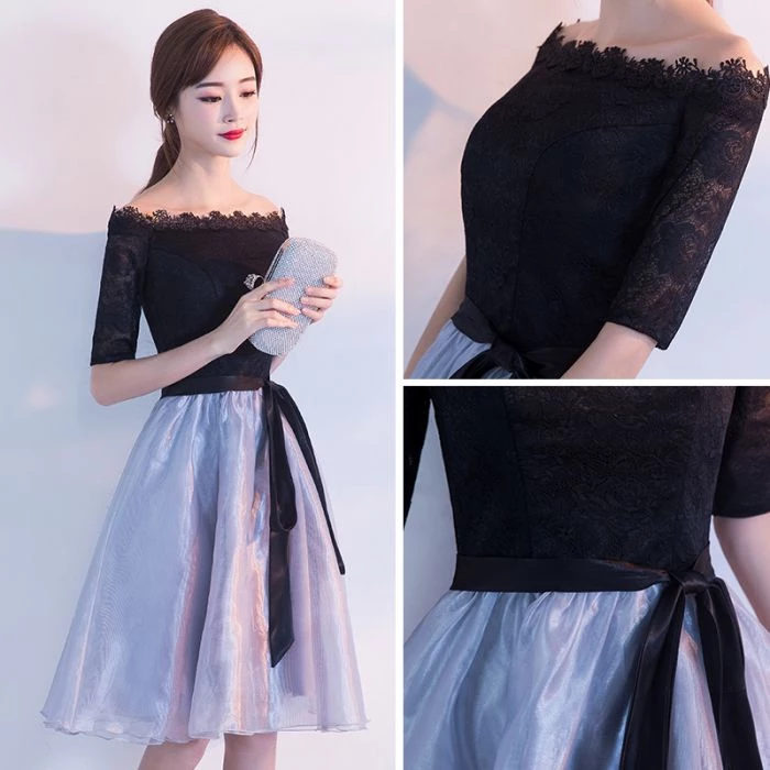 Chic Off-the-shoulder Black Lace Homecoming Dress Cheap Short Prom Dress #MHL058|Selinadress