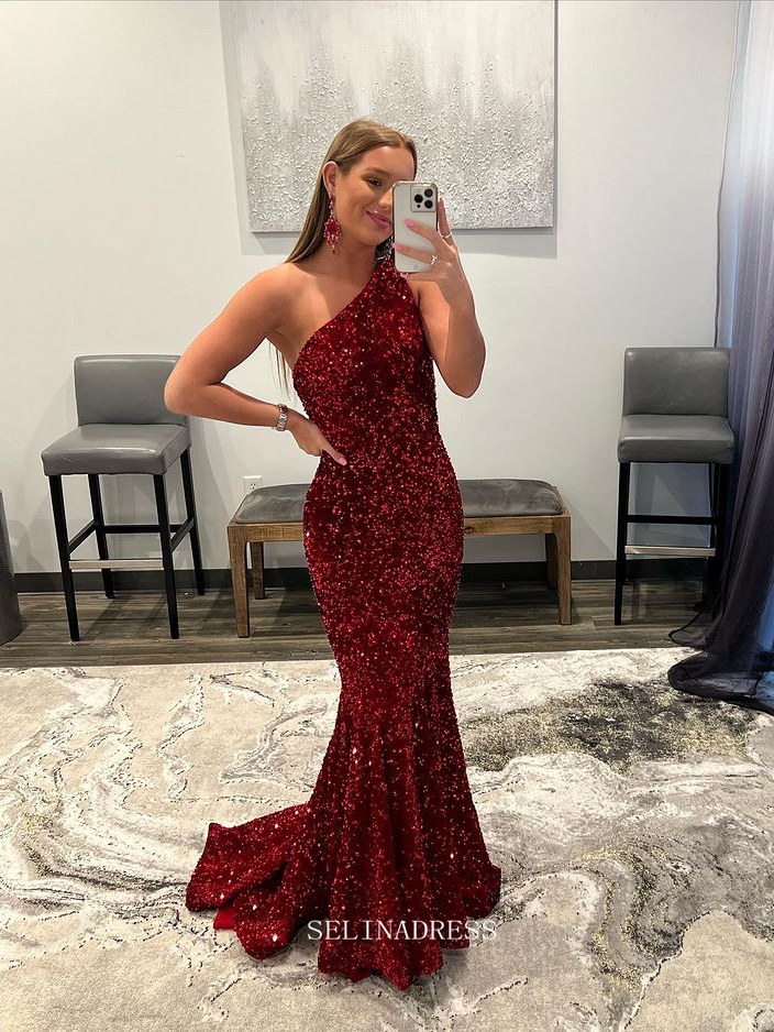 Chic One Shoulder Burgundy Long Prom Dresses Sequins Mermaid Evening Dresses Pageant Dress TKL068|Selinadress