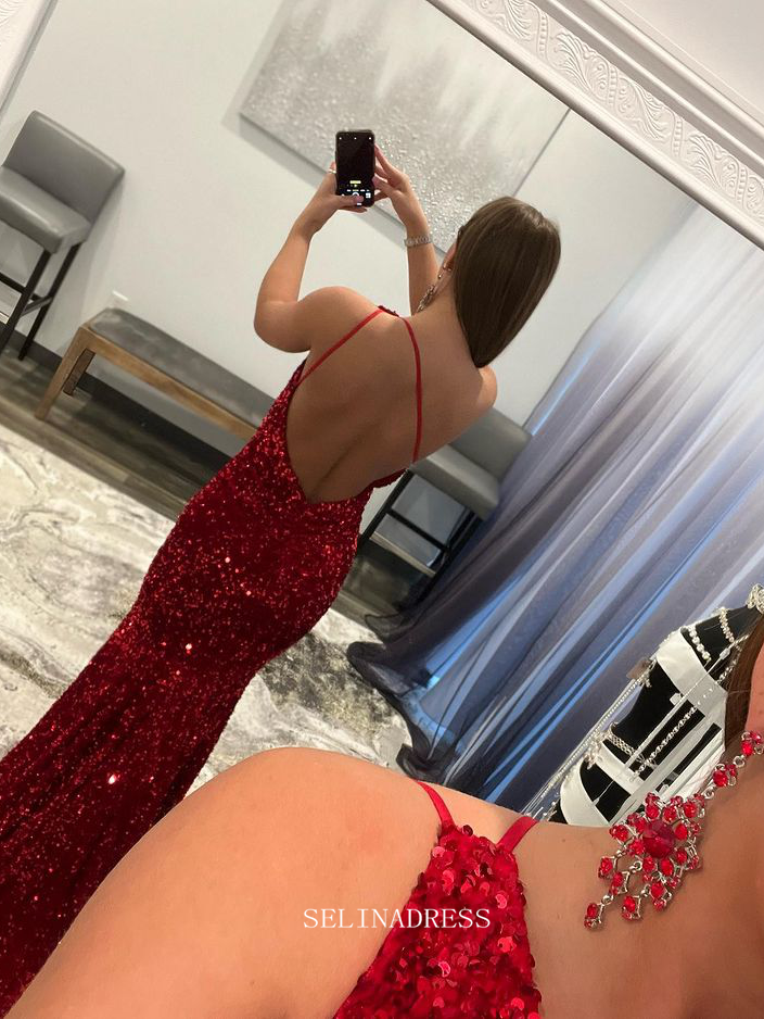 Chic One Shoulder Burgundy Long Prom Dresses Sequins Mermaid Evening Dresses Pageant Dress TKL068|Selinadress