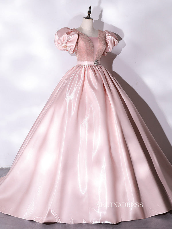 Chic Puff Sleeve Pink Prom Dress Cute Princess Dress Evening Dress #QWE049|Selinadress