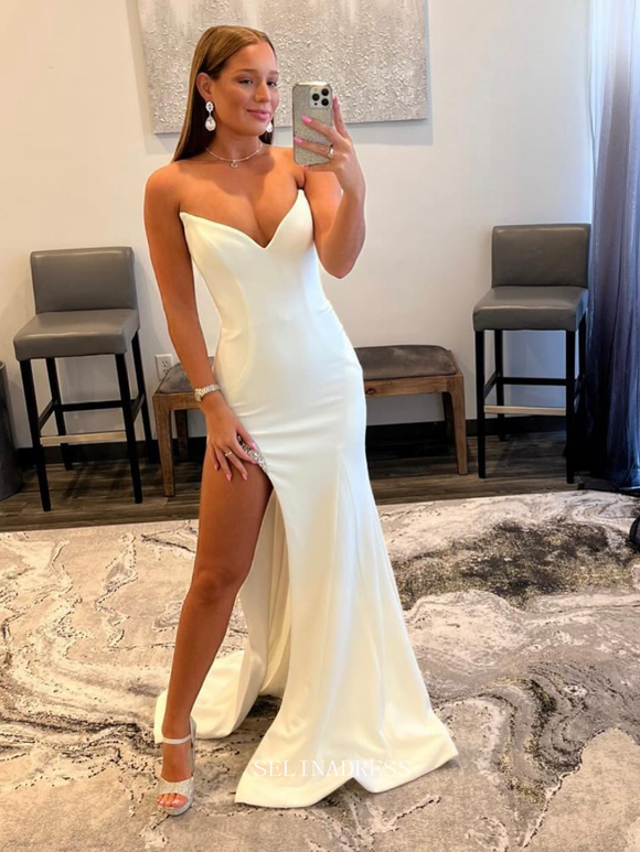 New Crystals V-neck White Mermaid Style Prom Dress 2021 - Bridelily