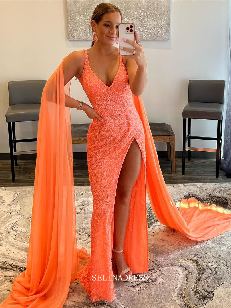 Chic Sheath/Column V neck Orange Long Prom Dresses Sequins Long Evening Dress Formal Dresses TKL073|Selinadress