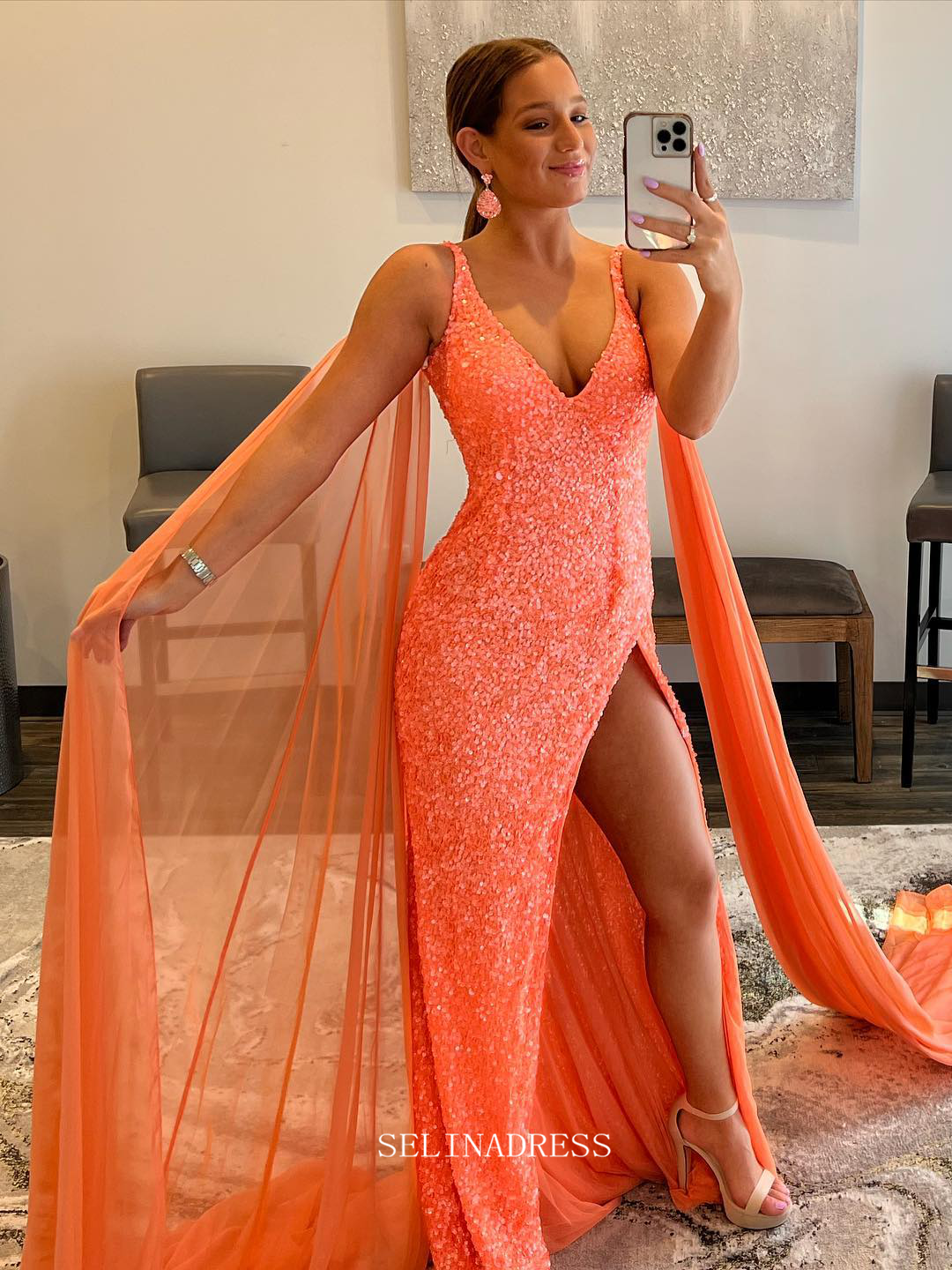 Chic Sheath/Column V neck Orange Long Prom Dresses Sequins Long Evening Dress Formal Dresses TKL073|Selinadress