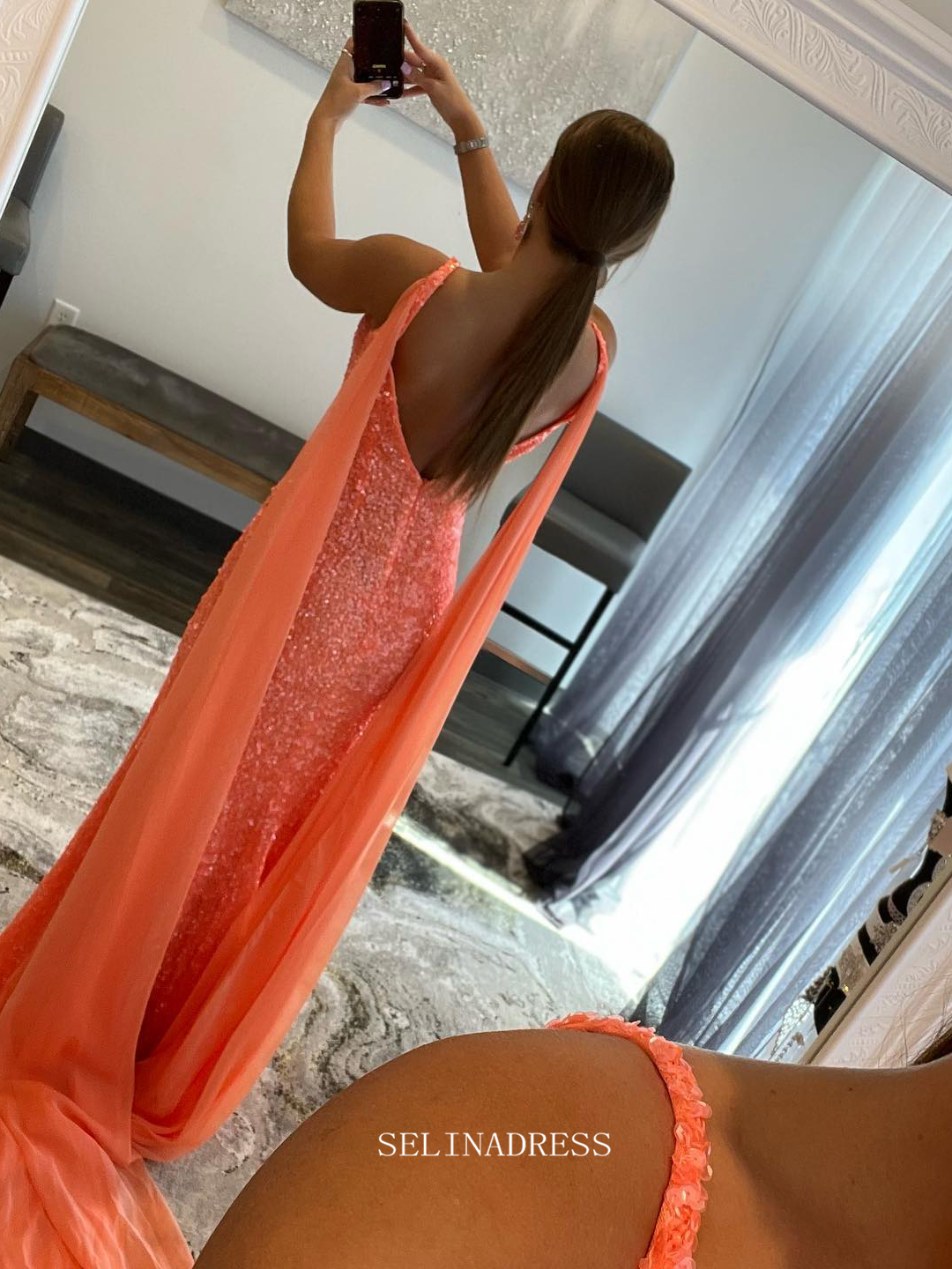 Chic Sheath/Column V neck Orange Long Prom Dresses Sequins Long Evening Dress Formal Dresses TKL073|Selinadress