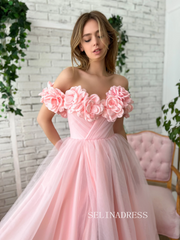 Chic Soft Baby Pink Long Prom Dress With Flower Off-the-shoulder Pink Princess Formal Dress Evening Dress JKSS41|Selinadress