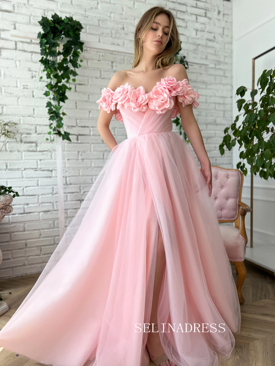 Chic Soft Baby Pink Long Prom Dress With Flower Off-the-shoulder Pink –  selinadress