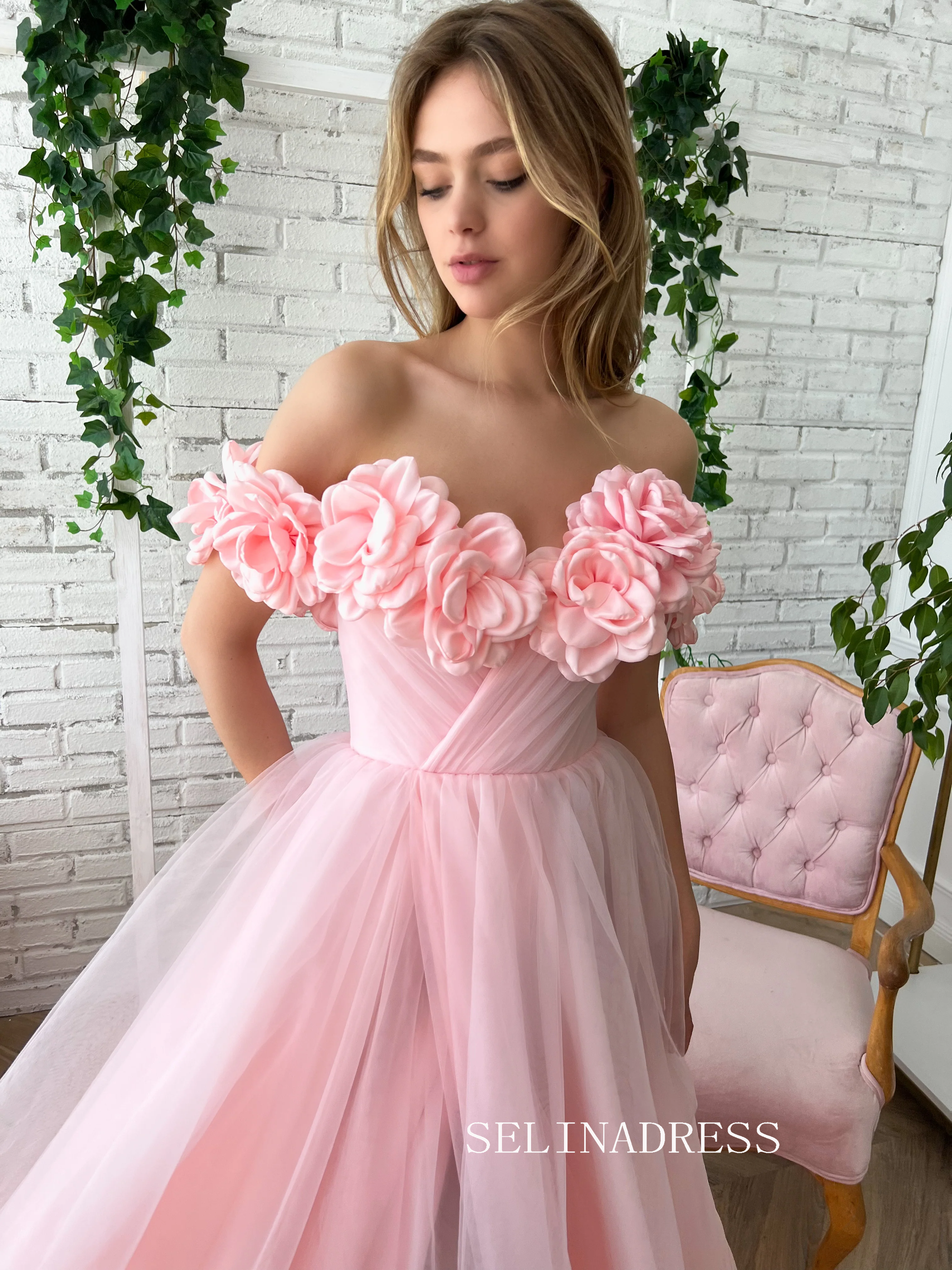 Chic Soft Baby Pink Long Prom Dress With Flower Off-the-shoulder Pink Princess Formal Dress Evening Dress JKSS41|Selinadress