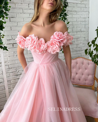 Chic Soft Baby Pink Long Prom Dress With Flower Off-the-shoulder Pink Princess Formal Dress Evening Dress JKSS41|Selinadress