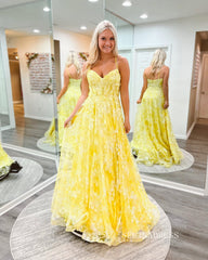 Chic Spaghetti Straps Applique Lace Long Prom Dress Yellow Elegant Evening Dress #LOP804|Selinadress