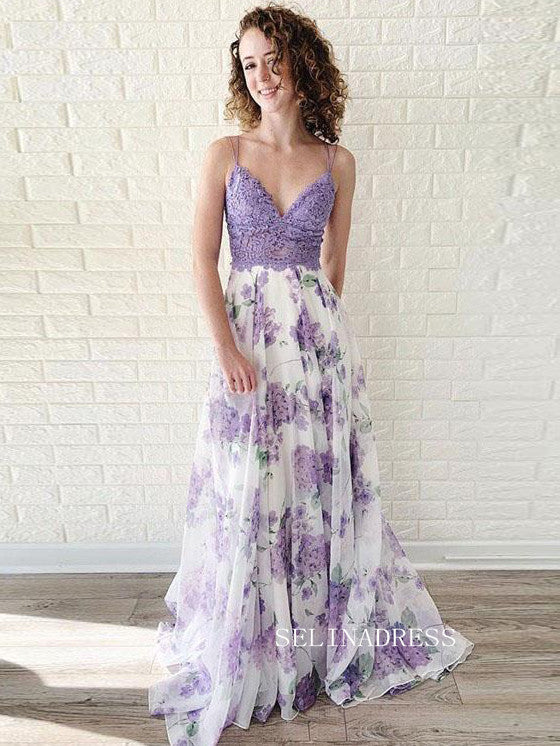 Chic Spaghetti Straps Lavender Lace Prom Dress Elegant Flower Party Dress #JKW003|Selinadress