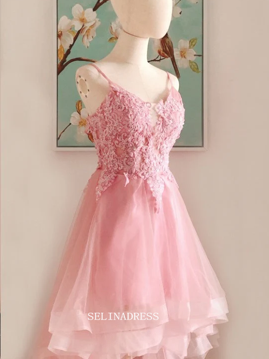 Chic Spaghetti Straps Pink Prom Dresses High Low Formal Dress Lace Applique Evening Dress OSTY036|Selinadress