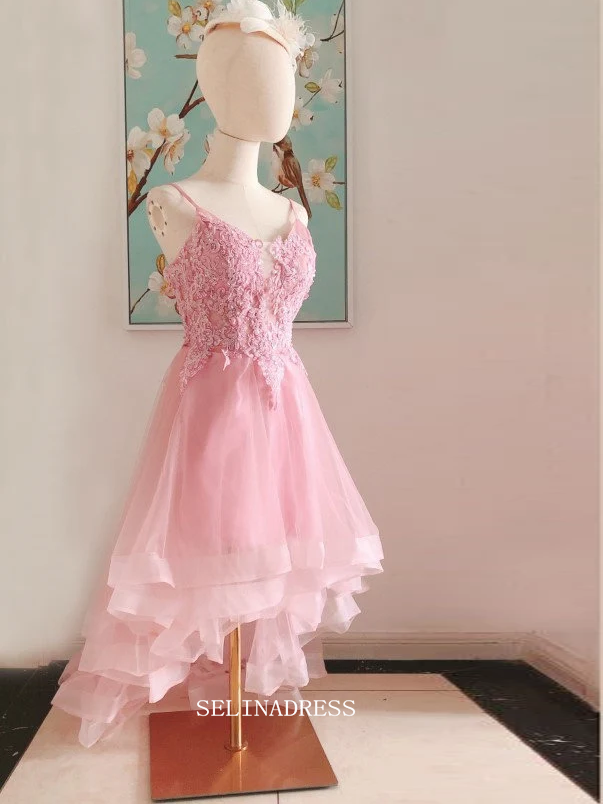 Chic Spaghetti Straps Pink Prom Dresses High Low Formal Dress Lace Applique Evening Dress OSTY036|Selinadress