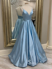 Chic Spaghetti Straps Sky Blue Long Prom Dresses Cheap Formal Gowns CBD056